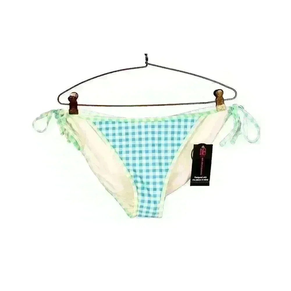 NWT NEW DIRECTIONS Womans TEAL Checks STRING BIKINI LINED Swim Bathing suit XL